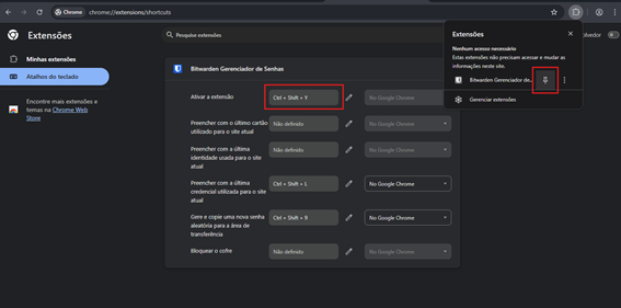 Atalhos das extensões do Google Chrome