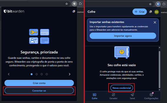 Telhas iniciais da extensão do Bitwarden