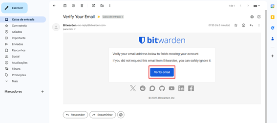 E-mail recebido do Bitwarden