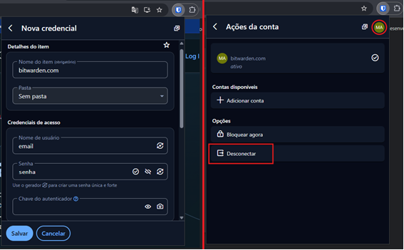 Nova credencial e opção de desconectar da extensão do Bitwarden